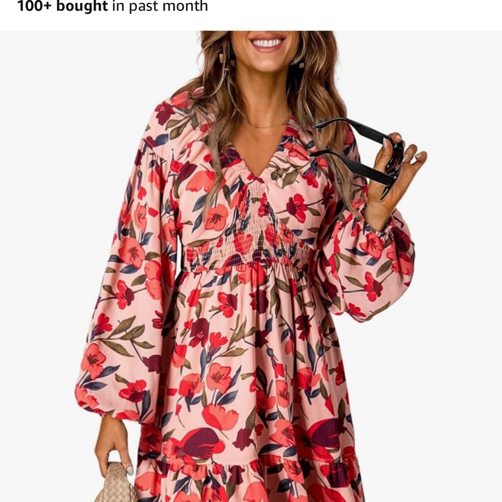Floral Pink and Red Long Sleeve Sundress with Bishop Sleeves - Picture 2 of 2